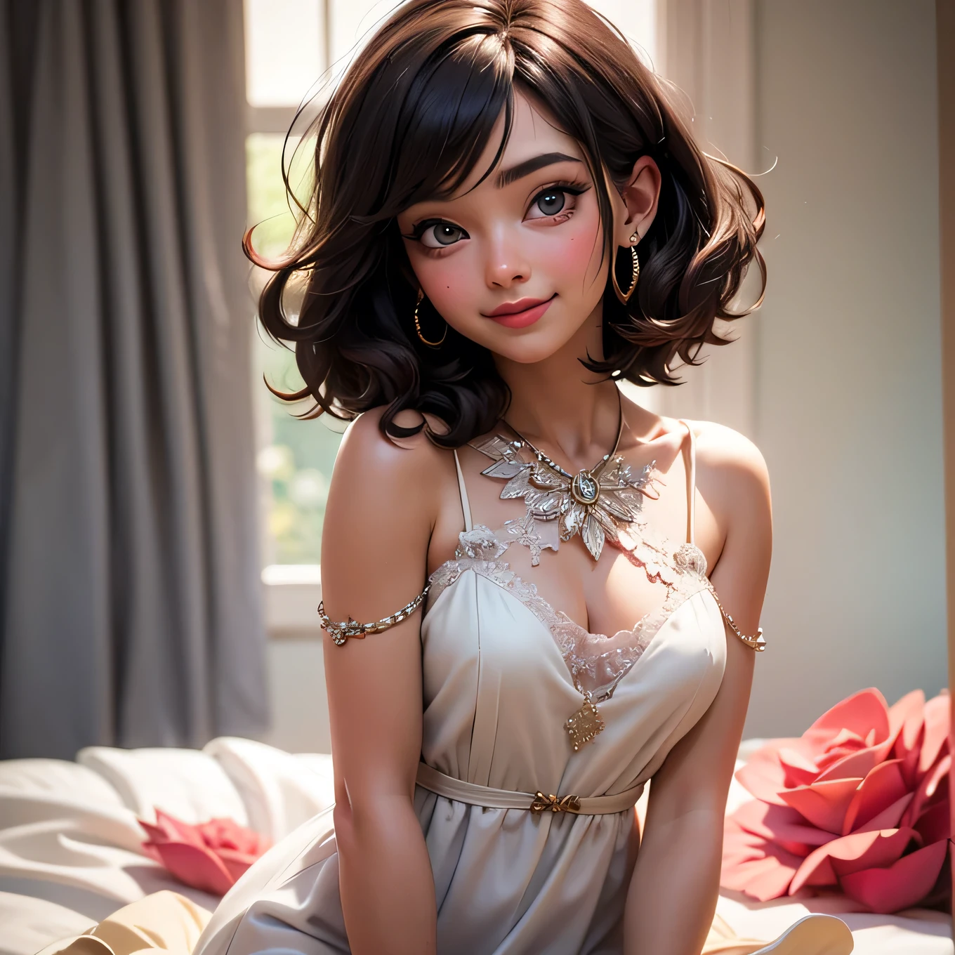 8k, RAW photo, Fujifilm, style photo of a beautiful young woman as rose in kneeling pose (highly detailed skin: 1.2) Style-Petal BREAK short hair, dark hair with colored locks, wearing a sheer sundress, film granulation, 35mm, cute style,smiling