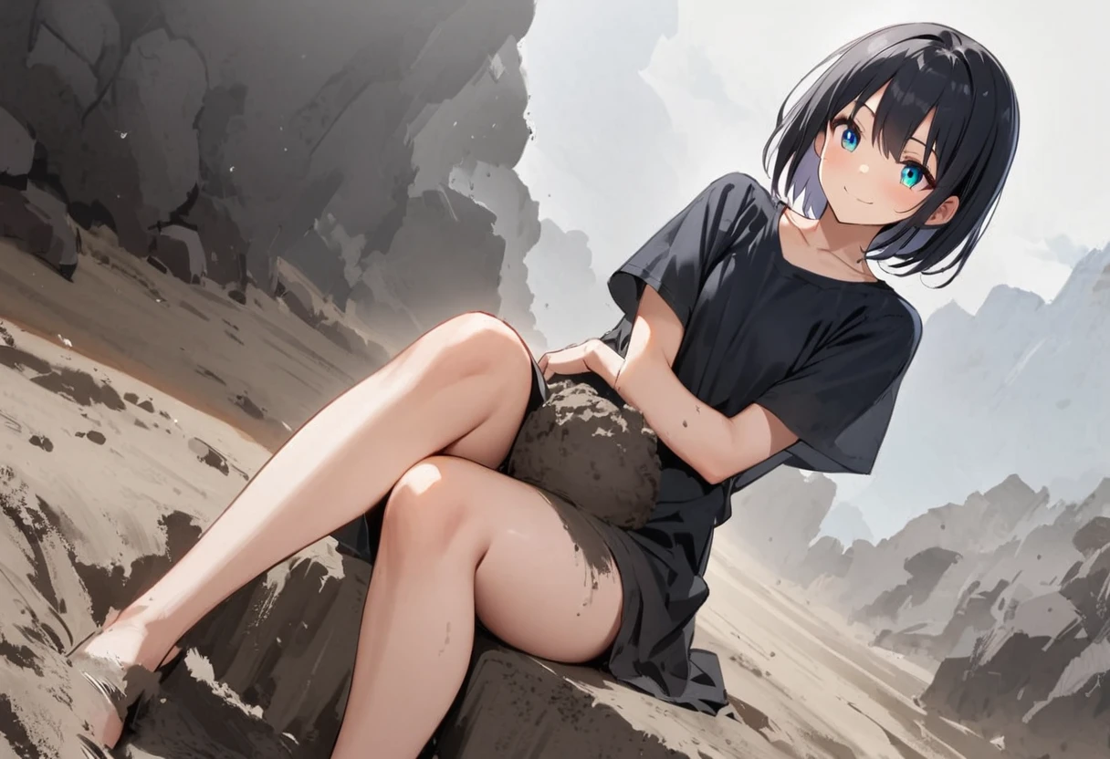 tideland、Black T-shirt、Black Swimsuit、The buttocks are digging in、Short black hair、Thighs、Girl、Girl、Short、Younger、Lower school year、Baby Face、Both eyes open、flat chest、smile、Dynamic Angle、Beach、My feet are covered in mud、There's mud on my face、sunlight、masterpiece、best quality、ultra-detail、Seaside、Sandy Beach
