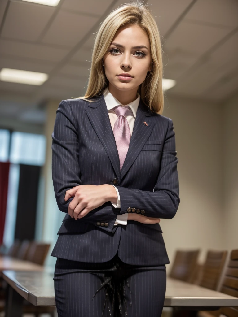 (masutepiece,High quality,16k:1.1),(depth of fields:1.3) ,((front body:1.35)), Ukrainian ,Woman, blonde,makeup,((business suit, black vertical striped pencil skirt )), voluptuous, thicc,(arms crossed:1.5) (wetting herself:1.5), (desperation:1.75),standing ,necktie peeing self, wetting her clothes