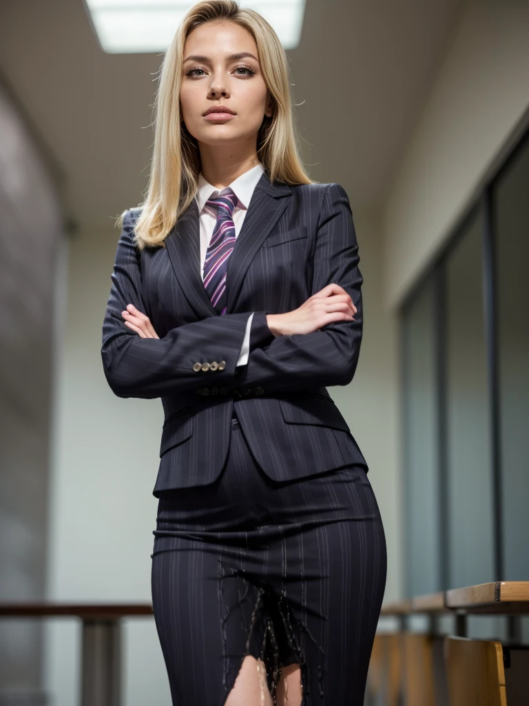(masutepiece,High quality,16k:1.1),(depth of fields:1.3) ,((front body:1.35)), Ukrainian ,Woman, blonde,makeup,((business suit, black vertical striped pencil skirt )), voluptuous, thicc,(arms crossed:1.5) (wetting herself:1.5), (desperation:1.75),standing ,necktie peeing self, wetting her clothes