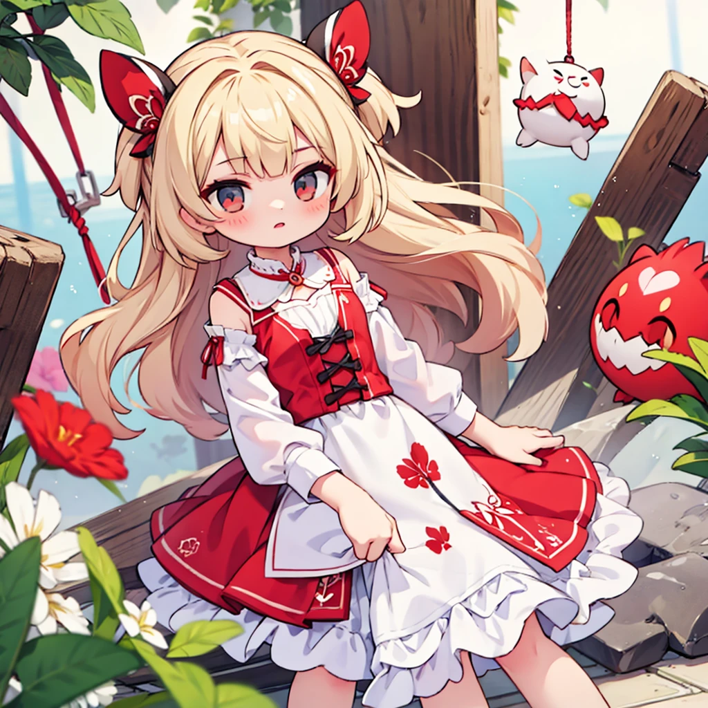 1girl,blonde_hair,blue_tabard,blush_stickers,closed_mouth,commentary,dress,food,fox_tail,frilled_dress,frills,fruit,fumo_(doll),hat,ice_cream,jitome,leaf,long_sleeves,mini_person,minigirl,mob_cap,multiple_tails,ofuda,ofuda_on_clothes,on_food,red_background,sitting,socks,solo,strawberry,symbol-only_commentary,tabard,tail,touhou,whipped_cream,white_dress,white_hat,white_socks,yakumo_ran,yakumora_n,yellow_eyes, best quality, masterpiece, nai3