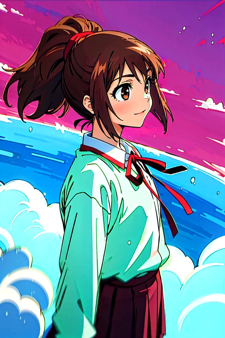 (masterpiece, best quality:1.2), samidare asahina, 1girl, brown eyes, brown hair, jacket, long sleeves, neck ribbon, ocean, red sky, dawn, ponytail, red ribbon, ribbon, rose garden, shirt, short hair, solo, white shirt, (anime, high details, super detail:1.55)