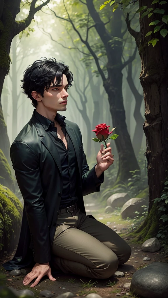 Forest, man with black short hair and green eyes holds a Rose, he kneel before a stone