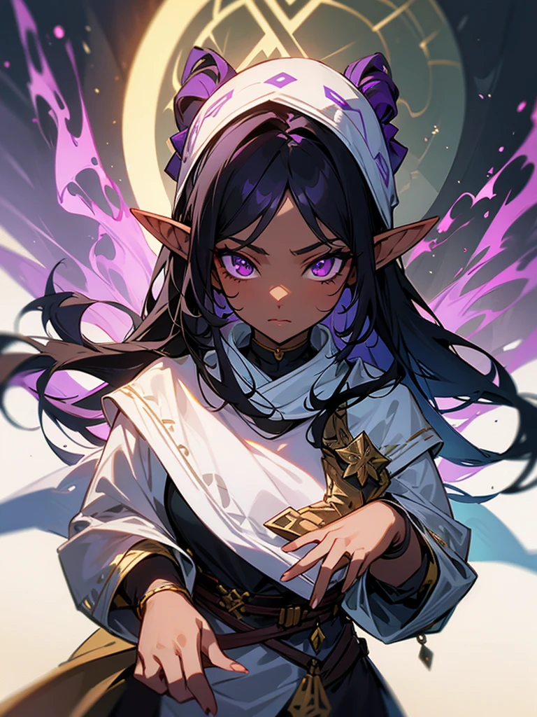 young woman, elf, druid, black hair, purple eyes, dark skin , cute