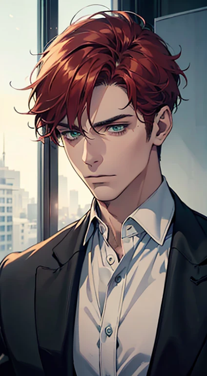 (best quality, masterpiece, 8K, photorealistic, cinematic lighting, 1:4 hdr image, ultra detailed, beautiful image), a mature man, 34 years very handsome, ((cold expression)), short red hair, green eyes, face perfect without mistakes, ((buttoning his jacket, CEO))