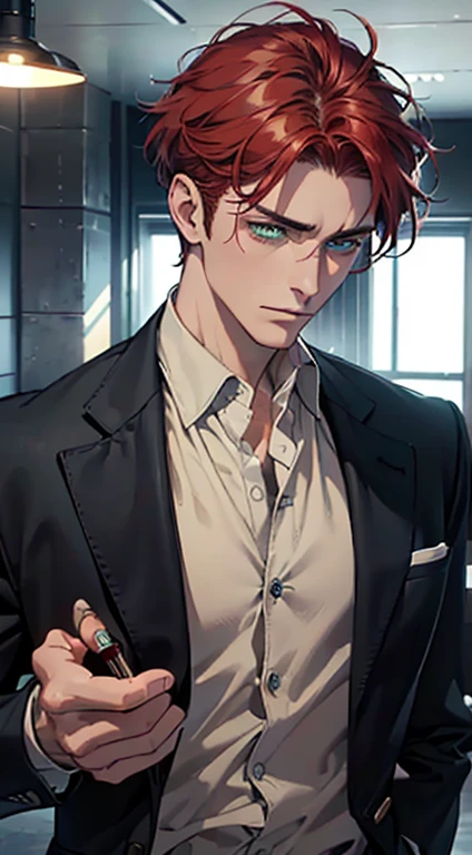 (best quality, masterpiece, 8K, photorealistic, cinematic lighting, 1:4 hdr image, ultra detailed, beautiful image), a mature man, 34 years very handsome, ((cold expression)), short red hair, green eyes, face perfect without mistakes, ((buttoning his jacket, CEO))