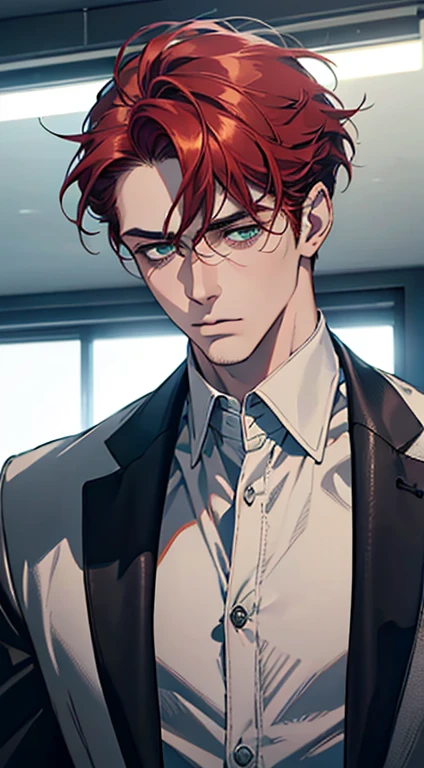 (best quality, masterpiece, 8K, photorealistic, cinematic lighting, 1:4 hdr image, ultra detailed, beautiful image), a mature man, 34 years very handsome, ((cold expression)), short red hair, green eyes, face perfect without mistakes, ((buttoning his jacket, CEO))