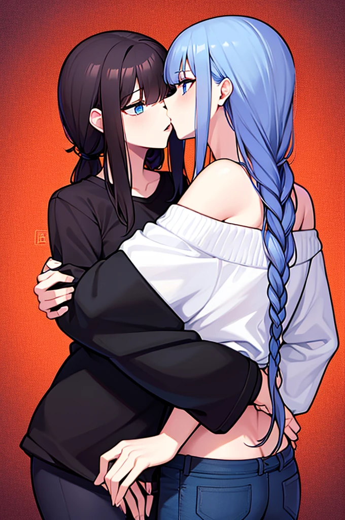 1girl, off-shoulder sweater, couple. A man with short, black hair, tall, arrogant. blue eyes, black t-shirt and black pants. A girl, red t-shirt, long hair, white hair, blue eyes. they are kissing.