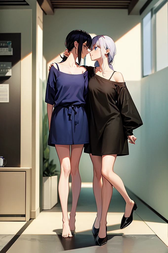 1girl, off-shoulder sweater, couple. A man with short, black hair, tall, arrogant. blue eyes, black t-shirt and black pants. A girl, red t-shirt, long hair, white hair, blue eyes. they are kissing.