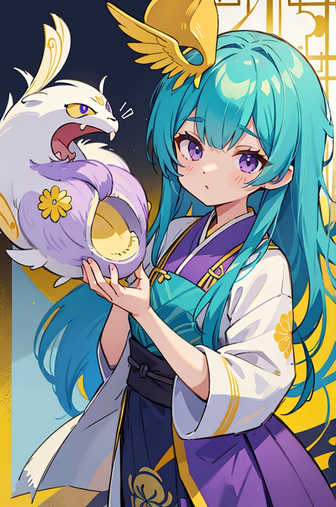 Yellow and light blue two-tone hair, purple eyes, Oriental-style clothes, , Balaur