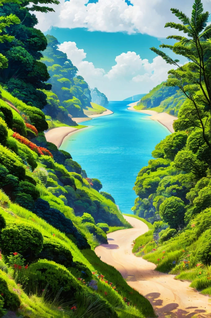 4k HD,Sunny morning,at the seaside,The train is running along the seaside track,The green island looms in the distance,The beach is just around the corner,The clouds in the sky are very layered,Extreme clarity,HDR,Ultimate depth of field,A sense of healing,The colors are full of vigor and sobriety.,Width 1284 Height 2887