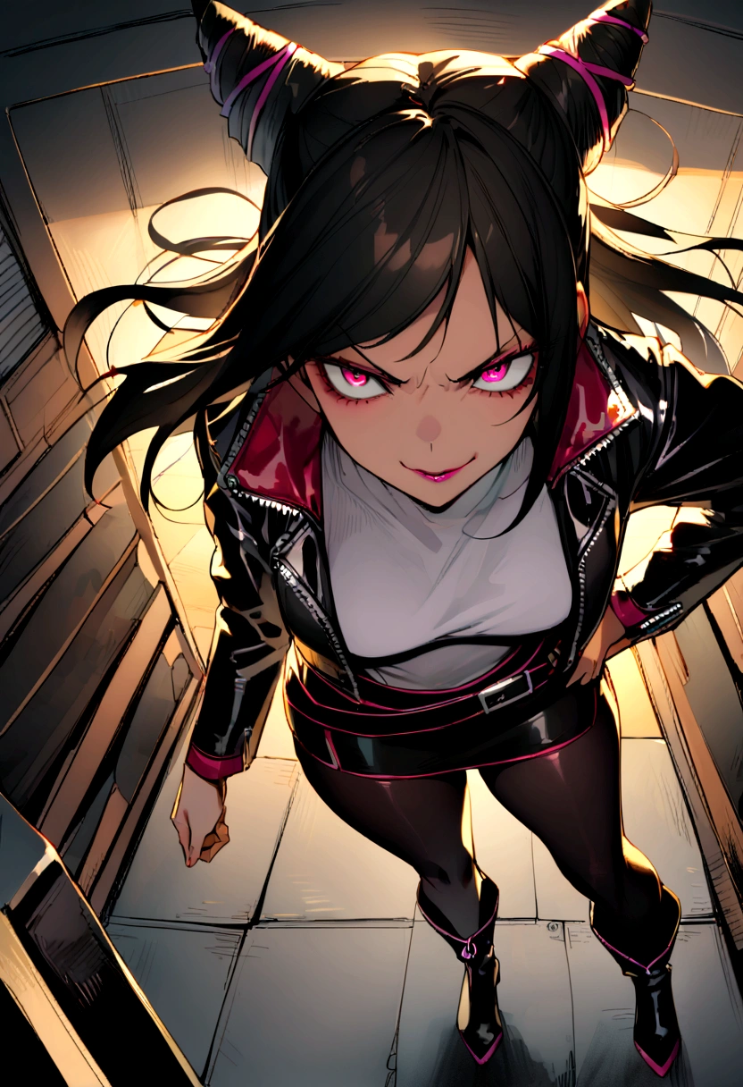 juri han,beautiful young warrior , with a very detailed and beautiful face, beautifuleyes, beautifuleyes, gorgeous face, beautiful young woman wearing long black leggings with black details, short mini skirt, usando leather jacket preta, Standing in an office, wearing black boots, horn hair, with black fringe, , evil smile ,white sweater with strap around, serious look,usando leather jacket preto, leather jacket,staring overhead,yellow lighting, evil smile
