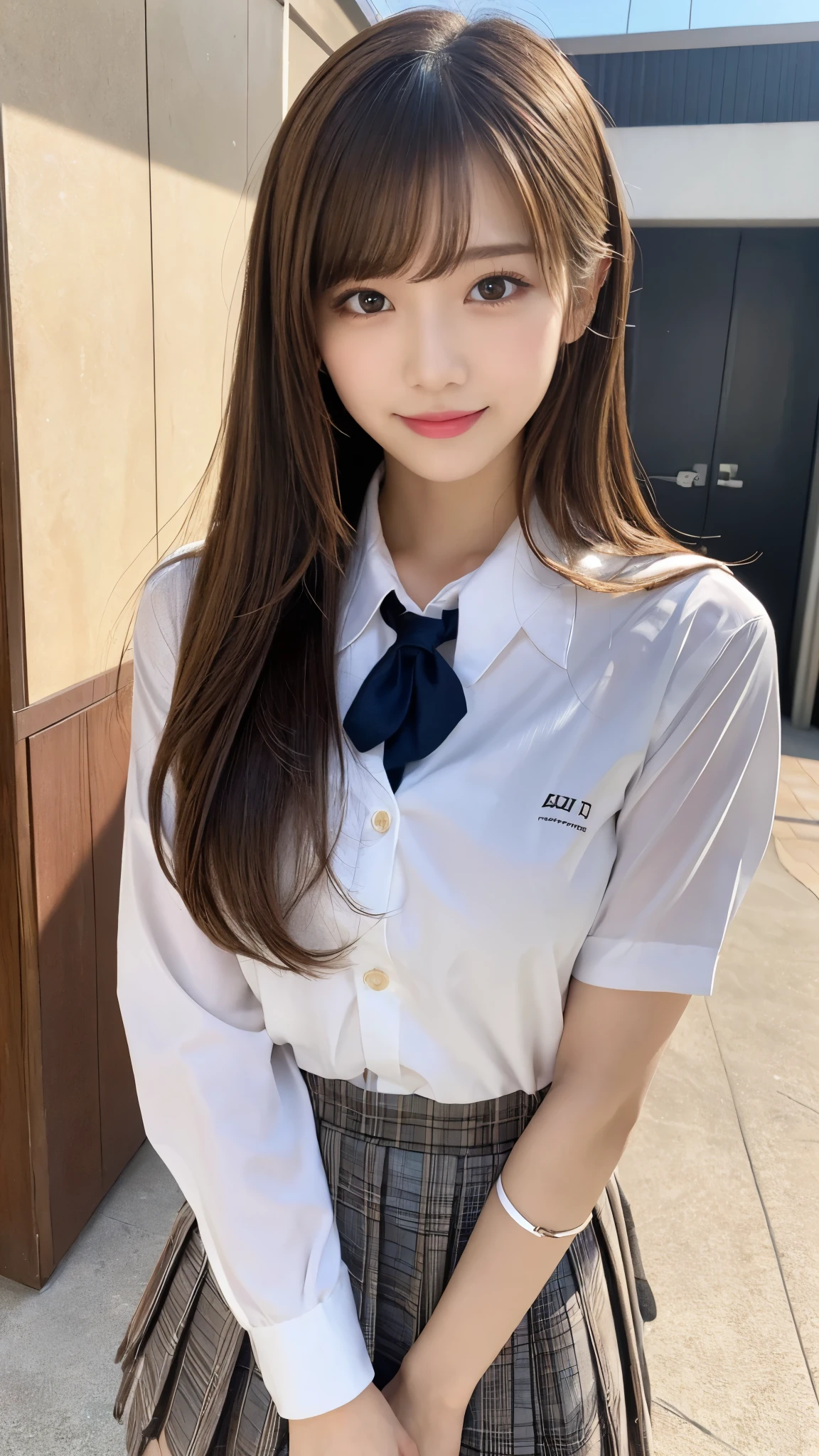 (Detailed skin:1.2),(Shiny skin:1.1),8K,Highest quality, masterpiece, Ultra-high resolution,(Realistic:1.4), RAW Photos,(Soft saturation:1.3),(Fair skin:1.2),Japanese Idols,repair,20 years, Light brown hair, （Shore Surf:1.2)、（Long Hairstyles:1.2), Asymmetrical Hair, Asymmetrical bangs (Pretty face:1.4), (Large Breasts, Tight waist), Beautiful lighting, Small Head, (Student Uniform:1.2,),Highly detailed face, Highly detailed lips, fine grain, double eyelid,（Full Body Shot）, Browsing Caution, （Sharp focus: 1.2）, （Perfect Anatomy、Beautiful woman with perfect figure: 1.2）、Random sexy poses，Accentuate your leg lines、Smiling