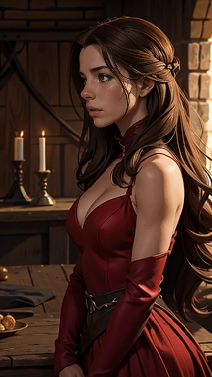 Surreal close-up photo of Kate Beckinsale, Create a dystopian masterpiece, A scene from the movie Game of Thrones, The whole figure is dressed up in Game of Thrones style., Red dress with armor accessories, In a dark medieval hut,  Beautiful woman, skinny, Small ???????, Straight brown hair, Detailed face, Angry face, Looking to the side、Photo taken from a distance, 20 years old and teary-eyed