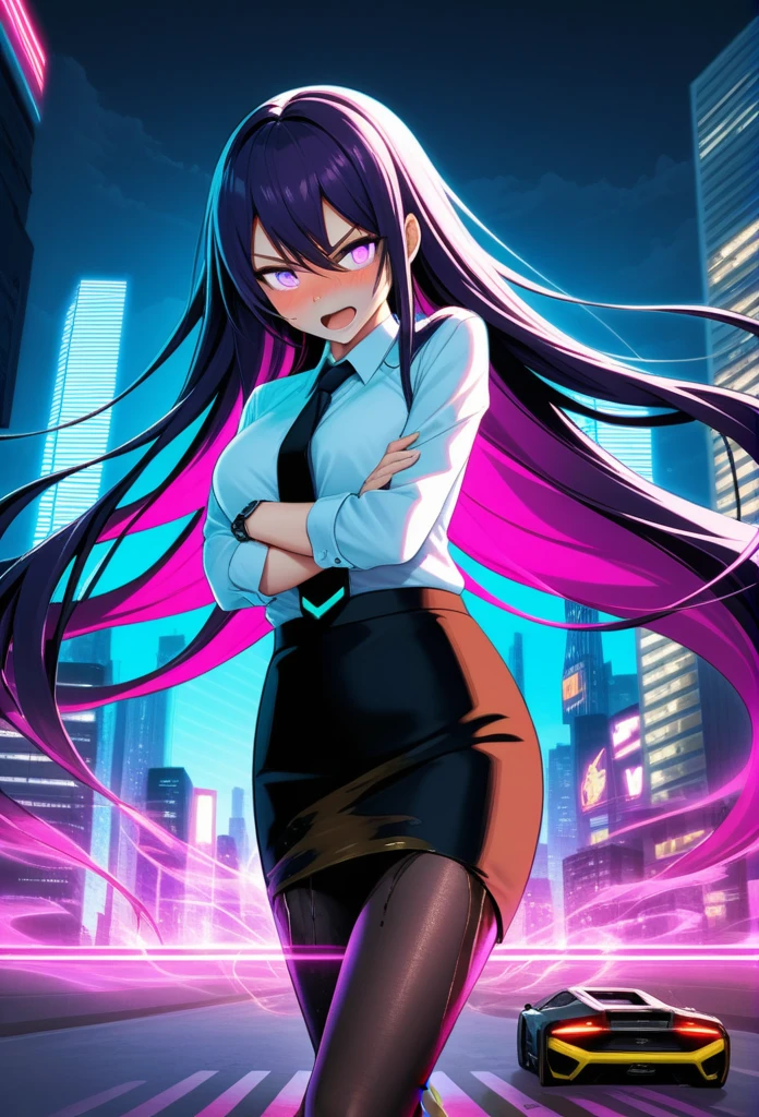 (high quality,Very detailed:1.37, High resolution), Woman, (very long hair:1.5), dark purple hair, purple eeyes, large breasts, (wetting herself:1.5), standing, business suit, necktie, (very long pencil skirt:1.5), pantyhose, (arms crossed:1.5), (embarrassed:1.5), (humiliation:1.5), (angry:1.25), (blushing:1.5), open mouth, Cyberpunk Style, Cyberpunk Cityscape, Neon Light, High-tech accessories, Meticulous details, (extremely detailed eys:1.37), Glowing LED pattern, Urban scenery, Futuristic elements, Mysterious Aura, ,Flying cars racing through the air, Holographic Advertising, Visually stunning architecture, Energetic and dynamic poses, Gives off a powerful aura, The cityscape reflected in her metallic eyes, Graceful movement amidst chaos, A moonlit sky with a futuristic hue, Pulsating Electronic Soundtrack, Enhanced Augmented Reality Overlays, Interacting with virtual objects in the environment