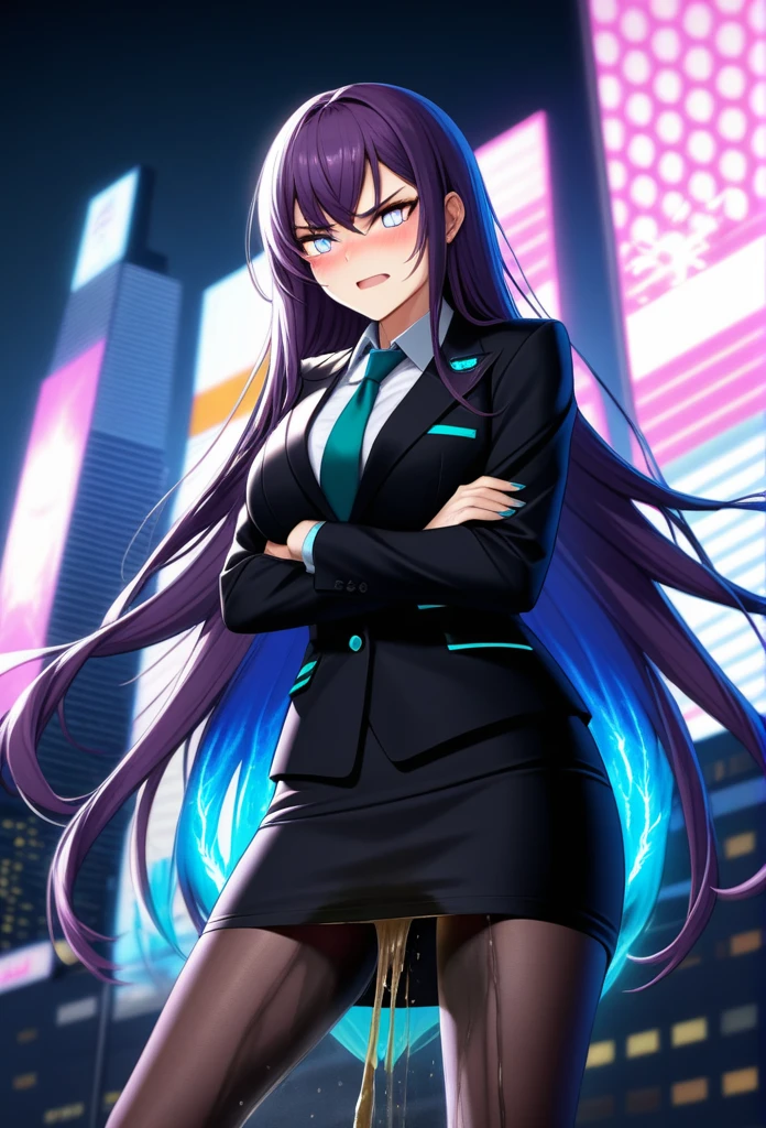(high quality,Very detailed:1.37, High resolution), Woman, (very long hair:1.5), dark purple hair, purple eeyes, large , (wetting herself:1.5), standing, business suit, necktie, (very long pencil skirt:1.5), pantyhoarms crossed:1.5), (embarrassed:1.5), (humiliation:1.5), (angry:1.25), (blushing:1.5), open mouth, Cyberpunk Style, Cyberpunk Cityscape, Neon Light, High-tech accessories, Meticulous details, (extremely detailed eys:1.37), Glowing LED pattern, Urban scenery, Futuristic elements, Mysterious Aura, ,Flying cars racing through the air, Holographic Advertising, Visually stunning architecture, Energetic and dynamic poses, Gives off a powerful aura, The cityscape reflected in her metallic eyes, Graceful movement amidst chaos, A moonlit sky with a futuristic hue, Pulsating Electronic Soundtrack, Enhanced Augmented Reality Overlays, Interacting with virtual objects in the environment