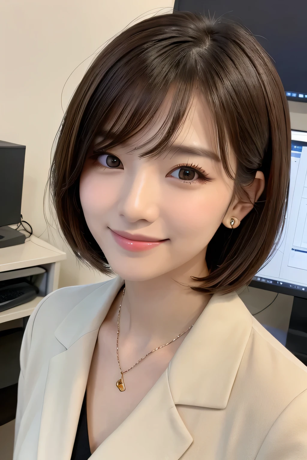 Beautiful young woman、 Brown Hair、hairstyle semi long、Working in front of a computer、Necklace around the neck、Office Lady Suits、Jacket、Unbuttoned shirt、smile、Beautiful teeth alignment、short hair、Intricate details, Very detailed:1.2), 、 Looking into the camera,The background is the office、Necklace around the neck、Dark eyeliner、ear piercing