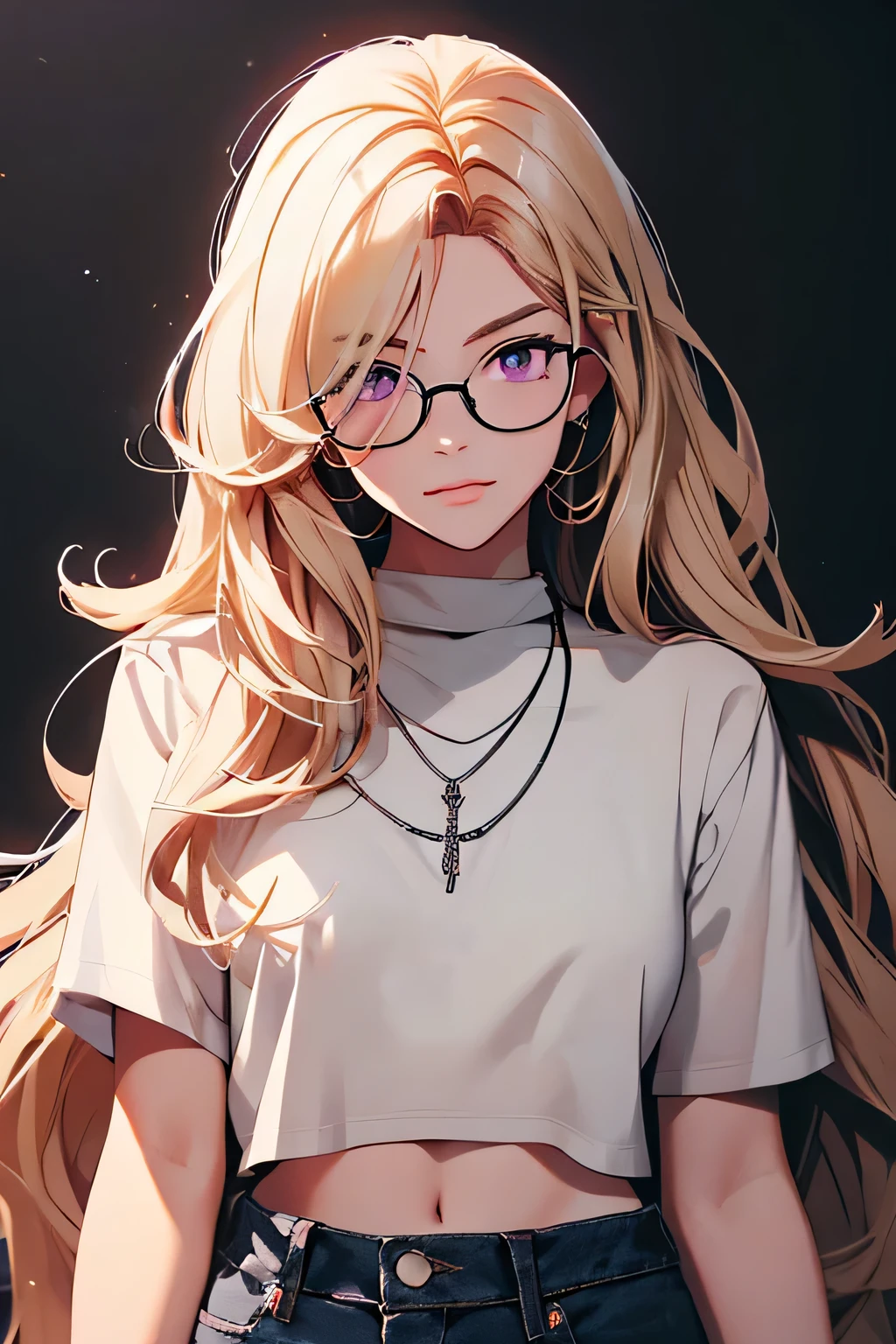 2d illustration, Anime, portrait в изобразительном искусстве, in manhwa style, {{Bishamon from Noragami}}, 30 years,, woman,1 girl, blonde, long hair, purple eyes, draw up, Beautiful, A high resolution, masterpiece, {{tall detailed eyes}}, Grain filter, Detailed lips, A high resolution, ultra detailed, portrait, кавказская woman, realistic proportions, Anatomically accurate, rosy cheeks; high quality, Awarded, 8 k, ((very detailed:1.3), with voluminous wavy hair, With peach blondee bangs and purple eyes and voluminous lips, {{black cropped}, ((short jeans)), иллюстрация в стиле Anime, earnings, glasses, {{smiling}}, necklace, lilac nails
