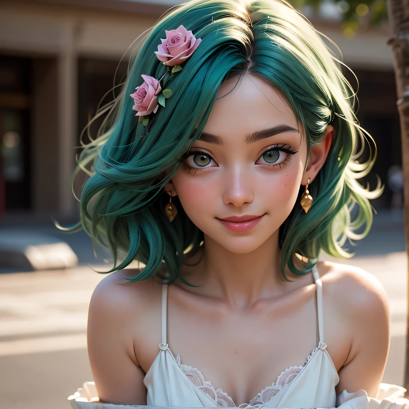 8k, RAW photo, Fujifilm, style photo of a beautiful young woman as rose in kneeling pose (highly detailed skin: 1.2) Style-Petal BREAK short hair,green hair with colored locks, wearing a sheer sundress, film granulation, 35mm, cute style,smiling