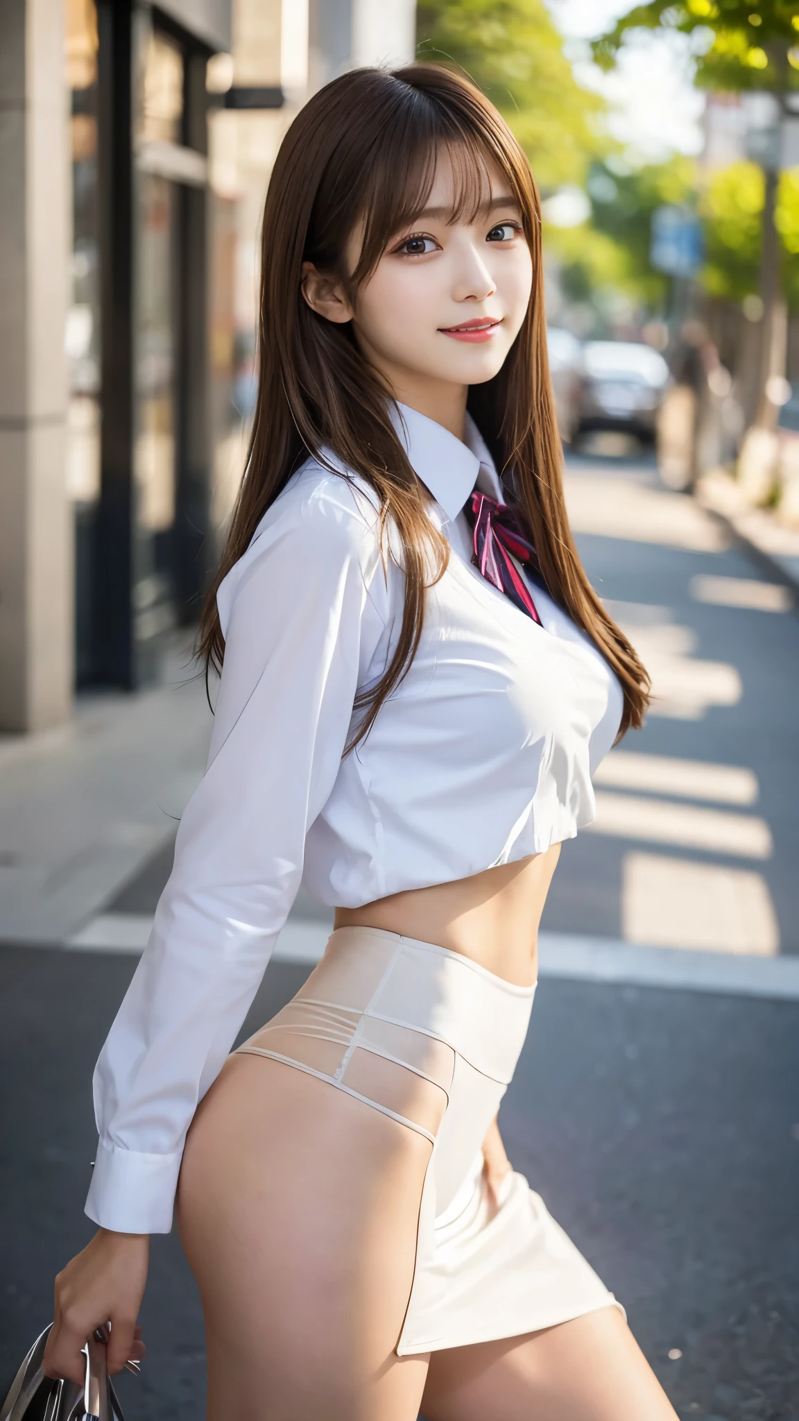 (Detailed skin:1.2),(Shiny skin:1.1),8K,Highest quality, masterpiece, Ultra-high resolution,(Realistic:1.4), RAW Photos,(Soft saturation:1.3),(Fair skin:1.2),Japanese Idols,repair,20 years, Light brown hair, (Shore Surf:1.2)、(Long Hairstyles:1.2), Asymmetrical Hair, Asymmetrical bangs (Pretty face:1.4), (Large Breasts, Tight waist), Beautiful lighting, Small Head, (Student Uniform:1.2,),Highly detailed face, Highly detailed lips, fine grain, double eyelid,(Full Body Shot), Browsing Caution, (Sharp focus: 1.2), (Perfect Anatomy、Beautiful woman with perfect figure: 1.2)、Random sexy poses,Accentuate your leg lines、Smiling