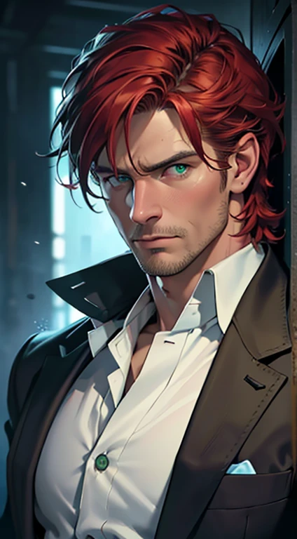 (best quality, masterpiece, 8K, photorealistic, cinematic lighting, 1:4 hdr image, ultra detailed, beautiful image), a mature man, 34 years very handsome, ((cold expression)), short red hair, green eyes, face perfect without mistakes, ((buttoning his jacket, CEO))