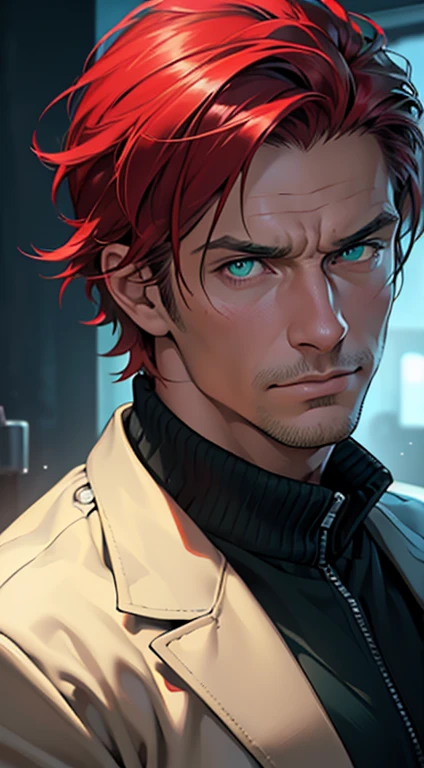 (best quality, masterpiece, 8K, photorealistic, cinematic lighting, 1:4 hdr image, ultra detailed, beautiful image), a mature man, 34 years very handsome, ((cold expression)), short red hair, green eyes, face perfect without mistakes, ((buttoning his jacket, CEO))