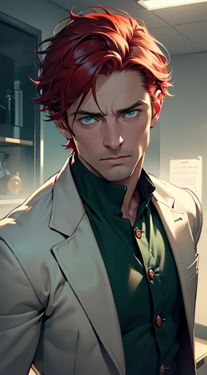 (best quality, masterpiece, 8K, photorealistic, cinematic lighting, 1:4 hdr image, ultra detailed, beautiful image), a mature man, 34 years very handsome, ((cold expression)), short red hair, green eyes, face perfect without mistakes, ((buttoning his jacket, CEO))