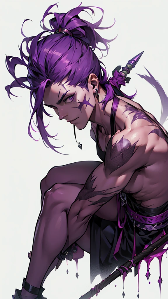 man man purple hair, scars all over the theme, fuchsia skin holding a cursed spear