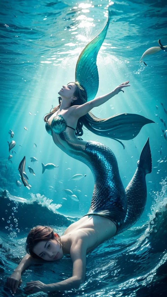 A mermaid swimming gracefully at the bottom of a fantastical sea