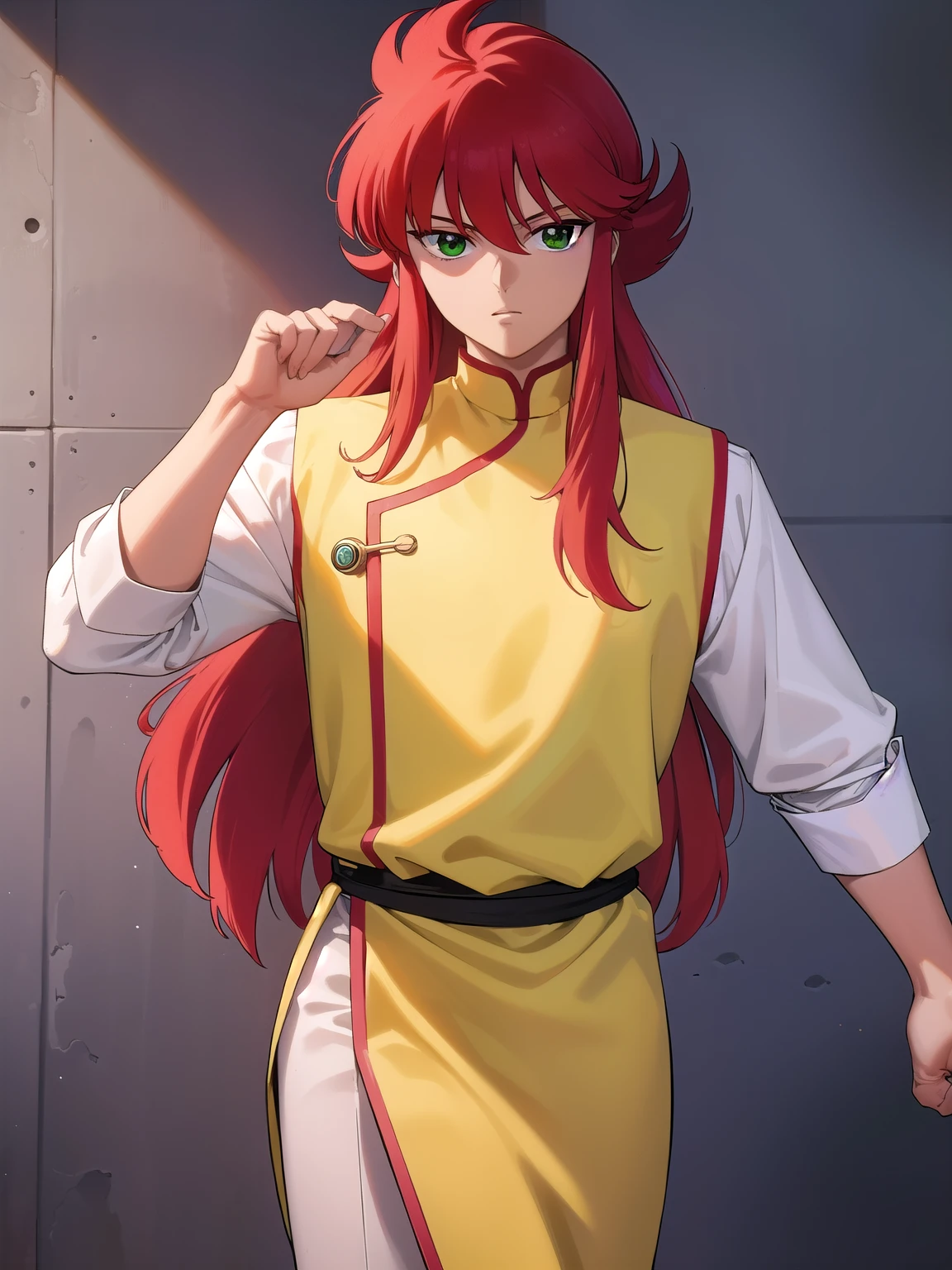 kurama, kurama, long hair, red hair, bangs, (green eyes:1.5), (retro artstyle:1.5), 1990s \(style\),
BREAK long sleeves, pants, chinese clothes, white pants, (yellow shirt:1.5), (white sleeves:1.5), (pelvic curtain:1.2), sash, sleeveless shirt, (((dark sky back ground)))
BREAK looking at viewer, cowboy shot,
BREAK (masterpiece:1.2), best quality, high resolution, unity 8k wallpaper, (illustration:0.8), (beautiful detailed eyes:1.6), extremely detailed face, perfect lighting, extremely detailed CG, (perfect hands, perfect anatomy),