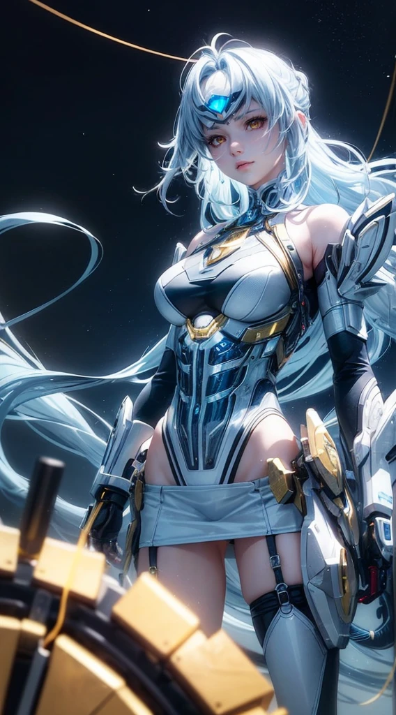 top-quality、masterpiece、超A high resolution、(Photorealsitic:1.4)、女の子1人、Light blue hair、Straight hair, shiny and clean hair、White shiny skin、Sexy Cyberpunk Girl、((super realistic details))、Shadow、octan render、ultrasharp、hyperdetailed face、Fiberglass、Luminous tube、highly intricate detail、Realistic light、CGSoation Trends、((Golden Eyes))、(Facing the camera)、neon details、Mechanical limbs、Mechanical vertebrae attached to the back、mechanical cervical attaching to neck、Wires and cables connecting to the head、((valkyrie))、((Beam Cannon))、Combat stance、cosmic space