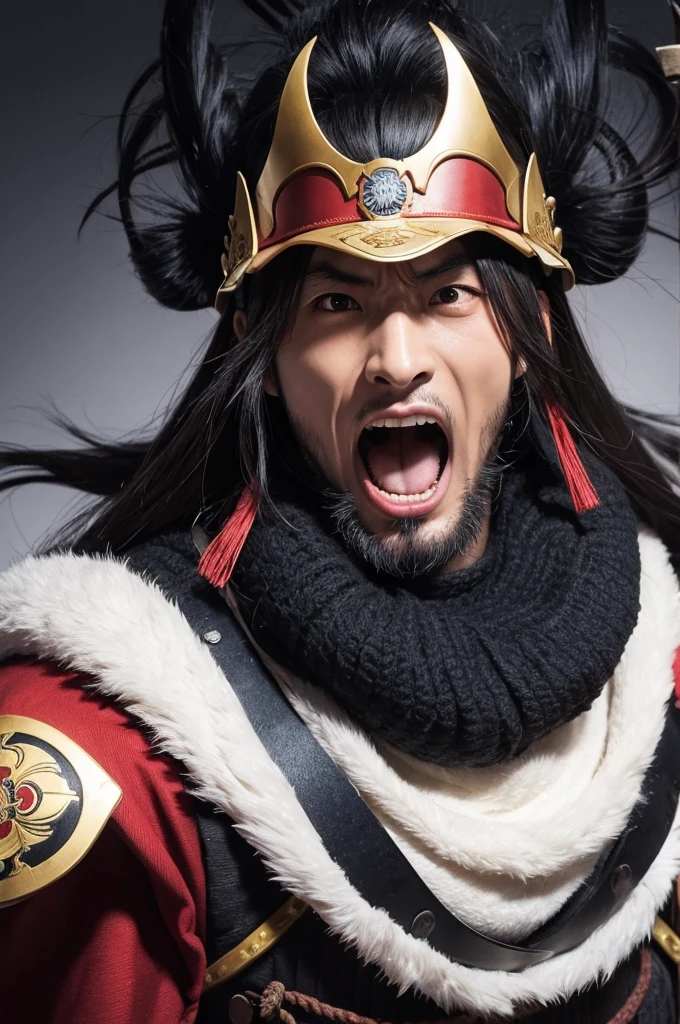 The Sengoku warlord Oda Nobunaga is threatening with his mouth wide open and a terrifying expression.