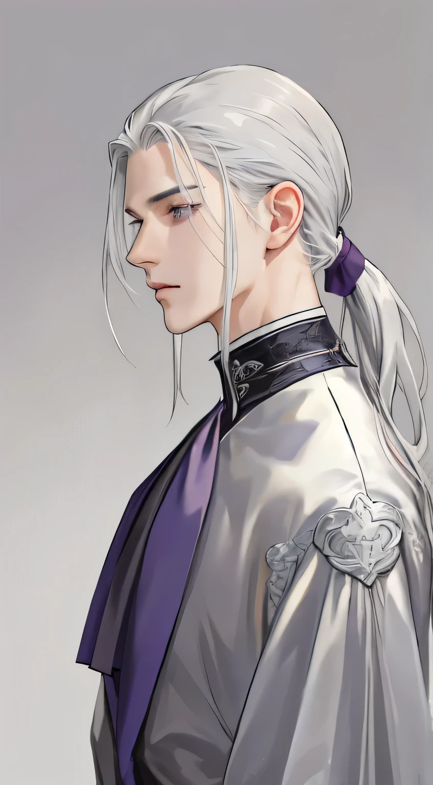 masterpiece, Best quality, realistic, 1 person, male focus, male model, tall muscular, Beautiful, closed mouth, modern clothes, portrait,very detailed face, low ponytail, silver hair, flying bangs, purple eyes, Gray background, simple background, Side view, I look at the audience, looking down