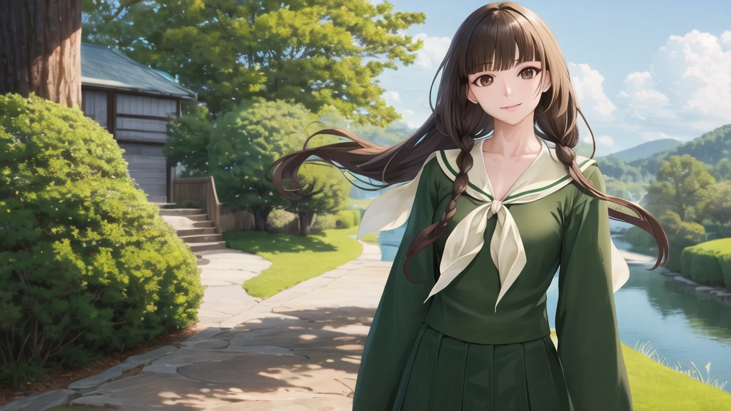 masterpiece, Highest quality, High resolution, aayoshino, , Long Hair, Twin Blade, Brown eyes, Hair that falls over the shoulders, , Sailor collar, neckerchief, Green Shirt, One piece sailor shirt, Long sleeve, Green Skirt, Long skirt, Are standing, Cowboy Shot, Outdoor, Person on the right, radiant face