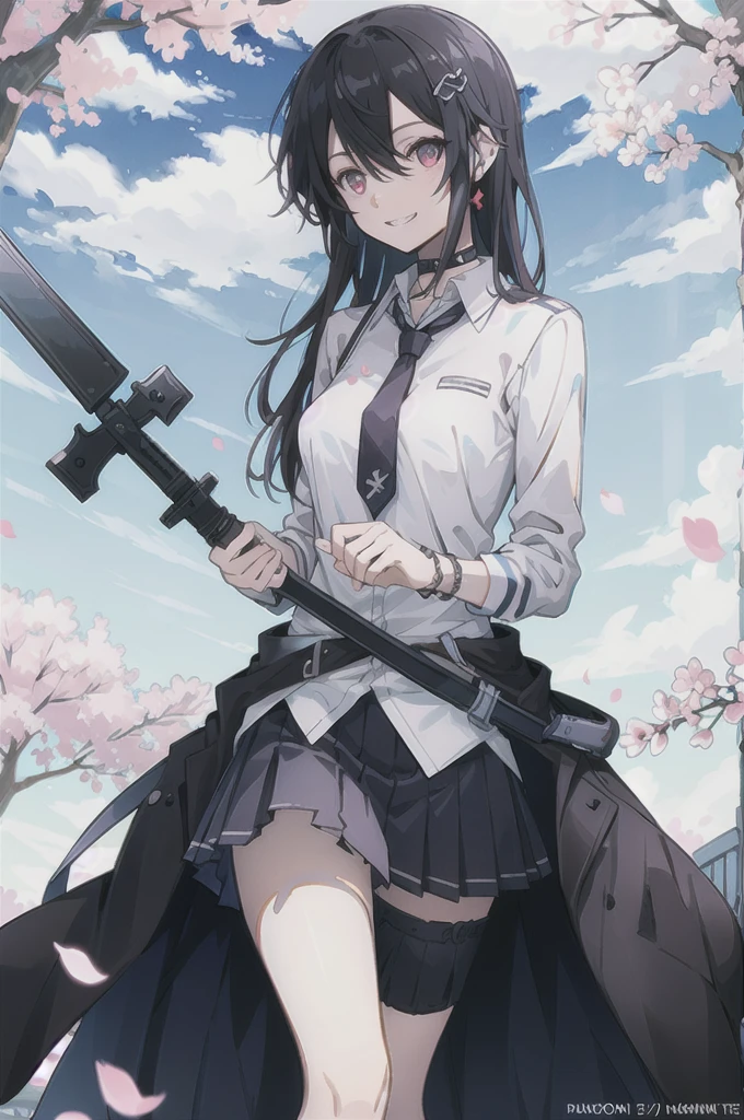masterpiece, best quality, full body,
1girl, bangs, black choker, black necktie, black hair, blue skirt, blush, bracelet, breasts, choker, clothes around waist, collarbone, collared shirt, cowboy shot, dress shirt, ear piercing, eyebrows visible through hair, gradient hair, grin, gyaru, jewelry, kogal, long hair, looking at viewer, loose necktie, necktie, piercing, plaid, plaid skirt, pleated skirt, red eyes, ring, school uniform, shirt, skirt, smile, solo, white shirt,
street, sky, cherry blossoms, petals,illustration, (magazine:1.3), (cover-style:1.3), fashionable, woman, vibrant, outfit, posing, front, colorful, dynamic, background, elements, confident, expression, holding, statement, accessory, majestic, coiled, around, Touch, scene, Text, cover, bold, attention-grabbing, title, stylish, Font, catchy, headline, larger, striking, modern, trendy, focus, fashion,Female Kirito、Long hair、stocking