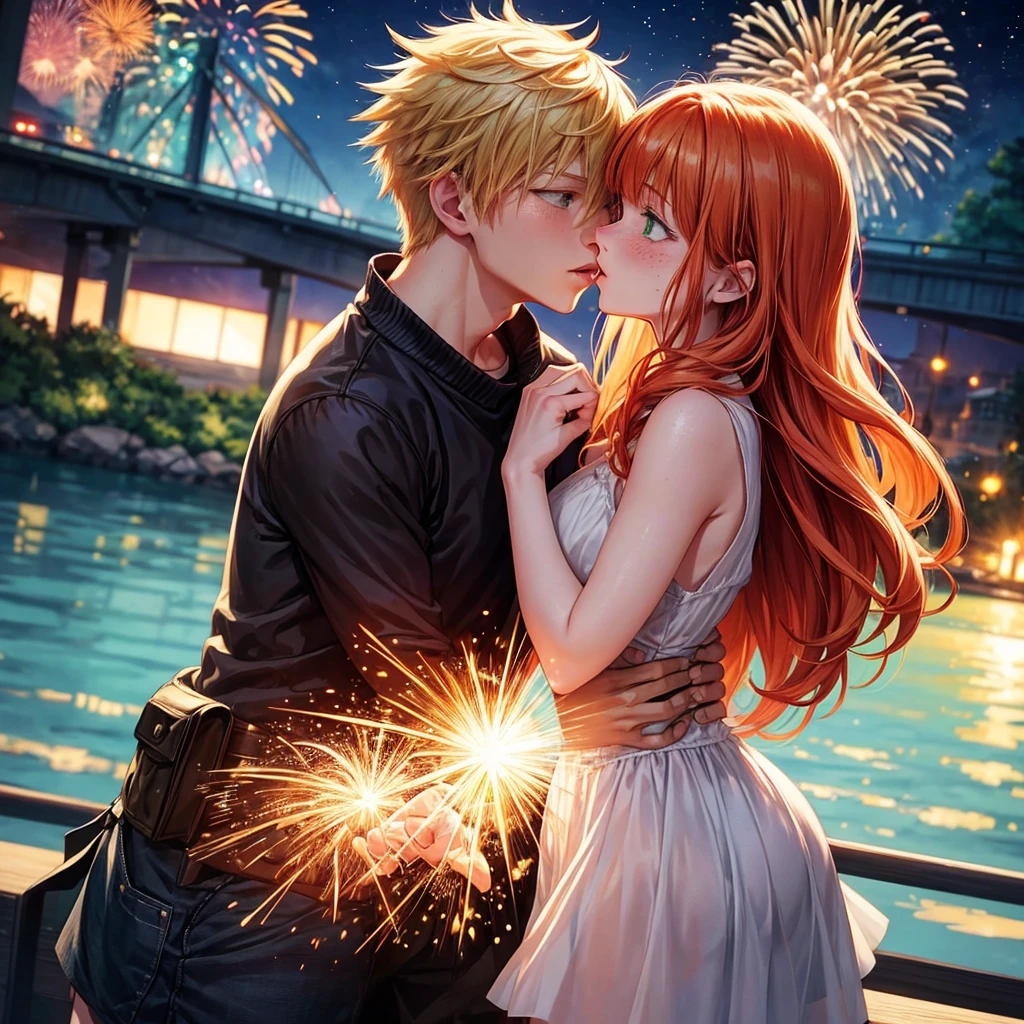 A young woman with ginger hair, green eyes and light freckles kisses her lover Katsuki Bakugo. Drawn in manhwa style. A romantic scene. There are fireworks in the background. The girl's hair is wavy. And kissing with katsuki.