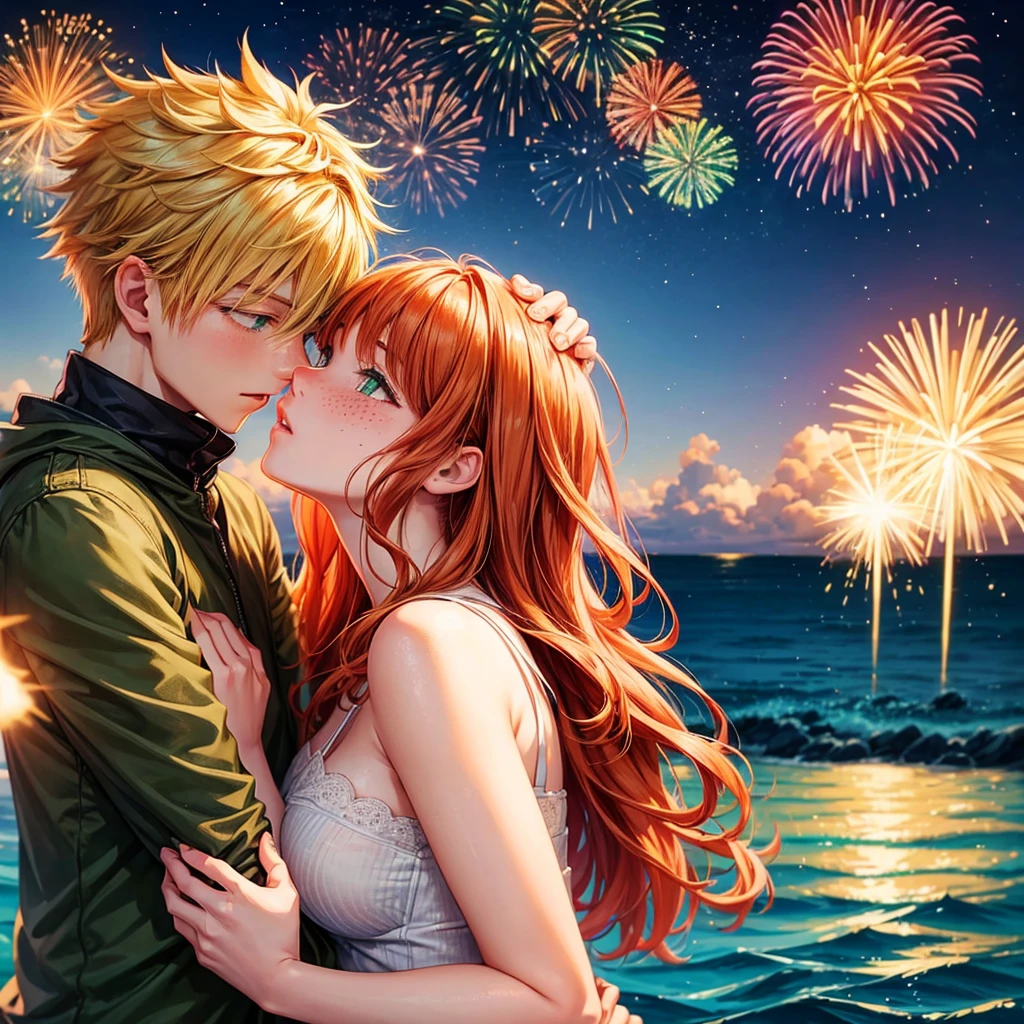 A young woman with ginger hair, green eyes and light freckles kisses her lover Katsuki Bakugo. Drawn in manhwa style. A romantic scene. There are fireworks in the background. The girl's hair is wavy. And kissing with katsuki.