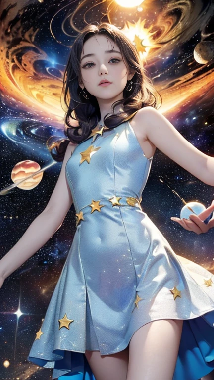 (((masterpiece))),((Highest quality)),Beautiful girl,pale, (Characters who personify the universe: 1.5), (((Hair is a star:1.5)))、(Planet Dress:1.5)))、(belly button)、(sun:1.5),(Private Server), (Exposing Skin),(Background is night sky 1.5).(((from the front:1.5)))、(Straight ahead: 1.5)、(((courtesyー:1.5)))、