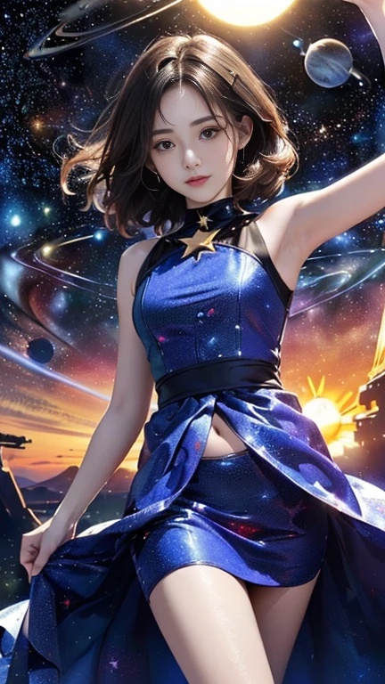 (((masterpiece))),((Highest quality)),Beautiful girl,pale, (Characters who personify the universe: 1.5), (((Hair is a star:1.5)))、(Planet Dress:1.5)))、(belly button)、(sun:1.5),(Private Server), (Exposing Skin),(Background is night sky 1.5).(((from the front:1.5)))、(Straight ahead: 1.5)、(((courtesyー:1.5)))、
