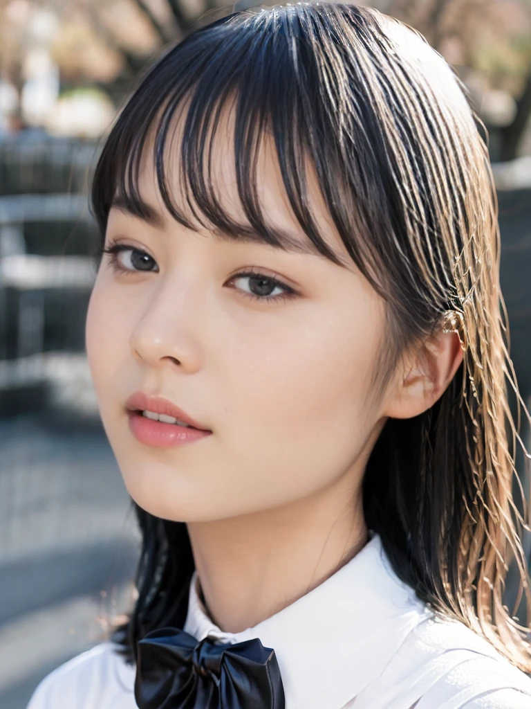 raw photo, 1girl, cute face, beautiful face, medium , collared blouse, White blouse, light smile, Upper body, detailed skin, pore, simple background, frontal face, wallpaper, photorealistic, anatomically correct, masterpiece, best quality, UHD