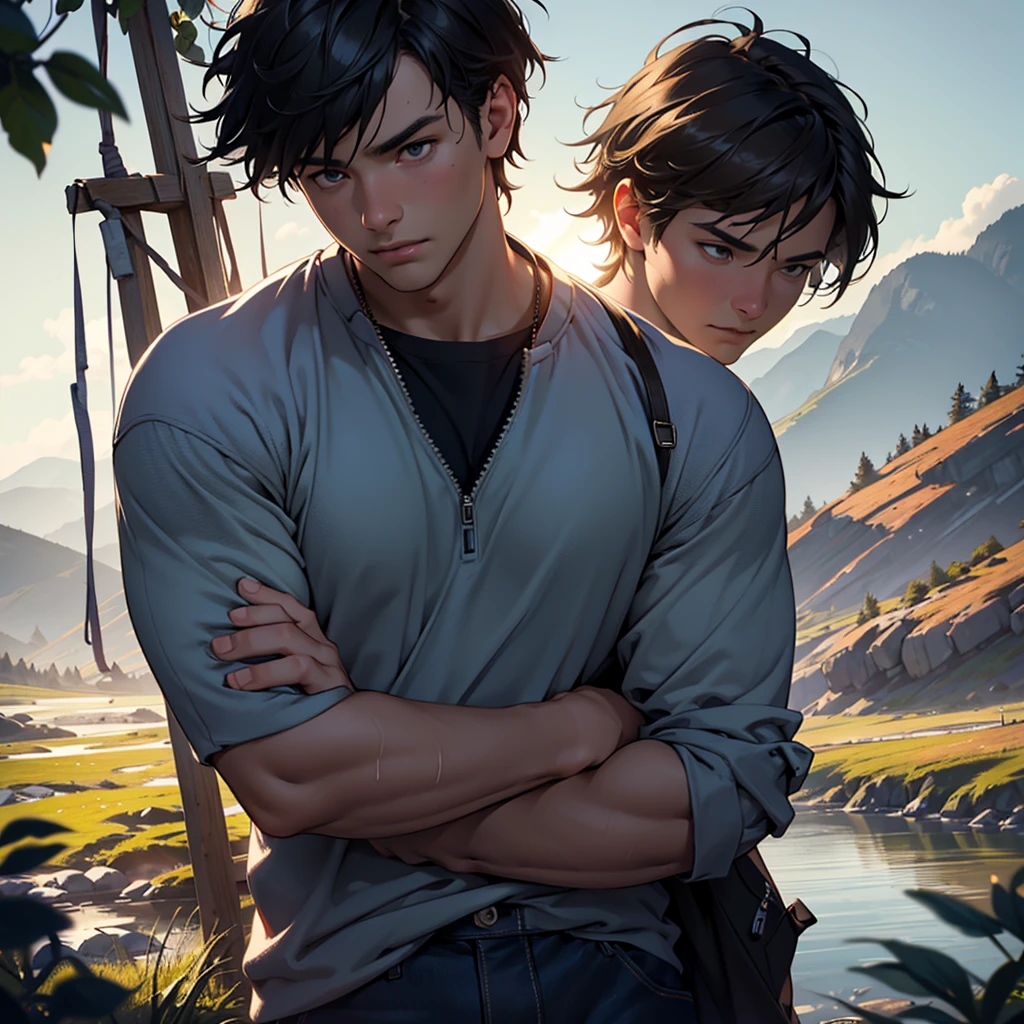 a thoughtful young boy, 1boy, pensive expression, looking into the distance, wearing casual clothes, outdoor natural setting, warm sunlight, cinematic lighting, detailed facial features, intricate clothing textures, vibrant colors, (best quality,4k,8k,highres,masterpiece:1.2),ultra-detailed,(realistic,photorealistic,photo-realistic:1.37),cinematic composition,dramatic mood,beautiful scenery,stunning landscape