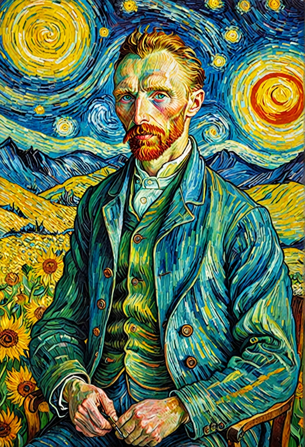 Colorful Vincent van Gogh&#39;s Starry Sky :: 油絵で構成された映画のような16k解像度のmasterpieceイラスト, Watercolor and ink :: Spiral galaxy in the sky :: Alien Invasion Fleet :: Frisco watercolors and oil paints、sky with rain、shooting star、Twinkling Star、Twinkling stars、Big full moon star :: Ivan Aivazovsky Kentaro Miura Gustave Dore Greg Rutkowski Romanticism Starry Night Landscape :: Complex motifs、Perfect composition、masterpiece、Very detailed、Extremely detailed、Very detailed、Beautiful three-dimensional effect、Deep, rich colours、Stereoscopic lighting、Shadow、Ray Tracing、Smooth、Perfect texture :: James Webb Space Telescope
 