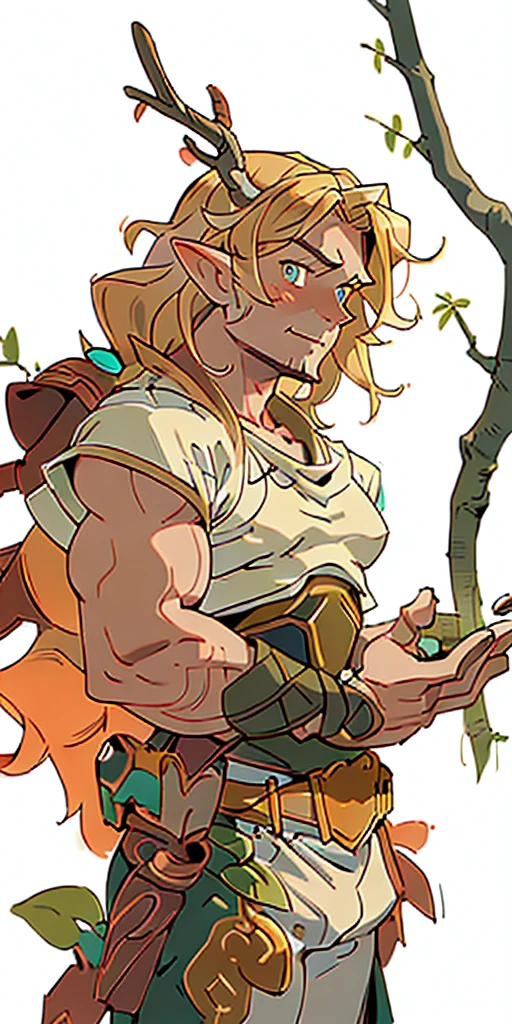 (masterpiece, best quality), 1muscled man, intricate details, blonde, leaf, wavy hair, looking at viewer, elf, upper body, forest, frills, mist, deer antlers,