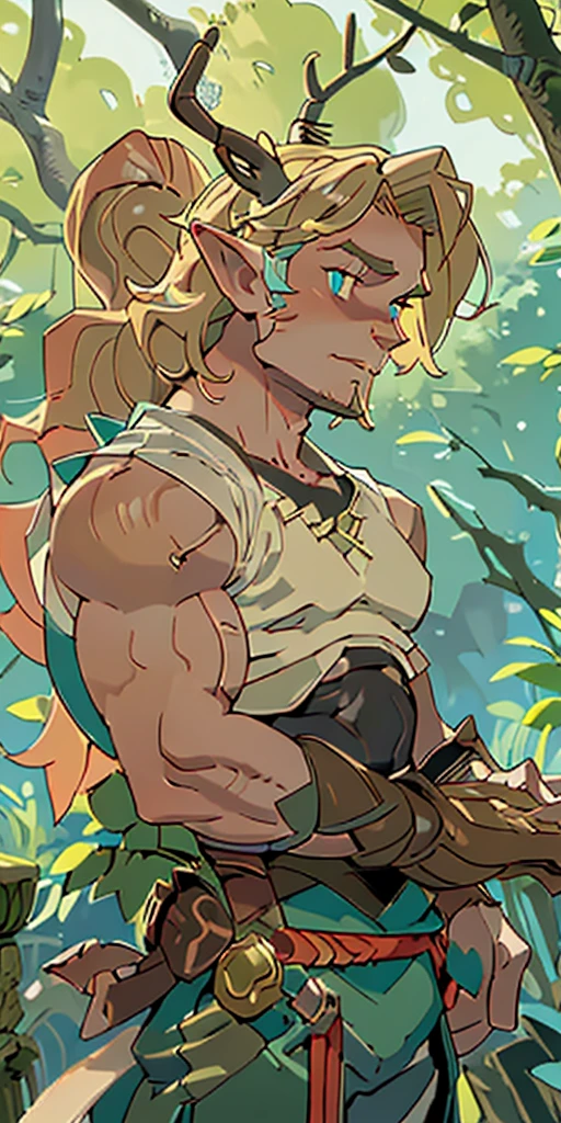 (masterpiece, best quality), 1muscled man, intricate details, blonde, leaf, wavy hair, looking at viewer, elf, upper body, forest, frills, mist, deer antlers,