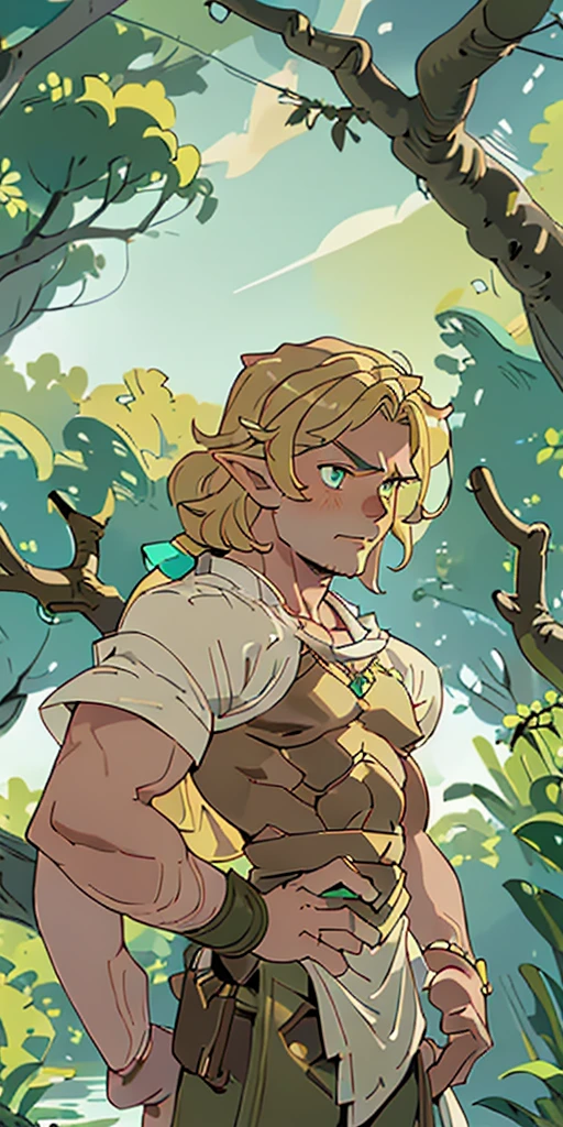 (masterpiece, best quality), 1muscled man, intricate details, blonde, leaf, wavy hair, looking at viewer, elf, upper body, forest, frills, mist, deer antlers,