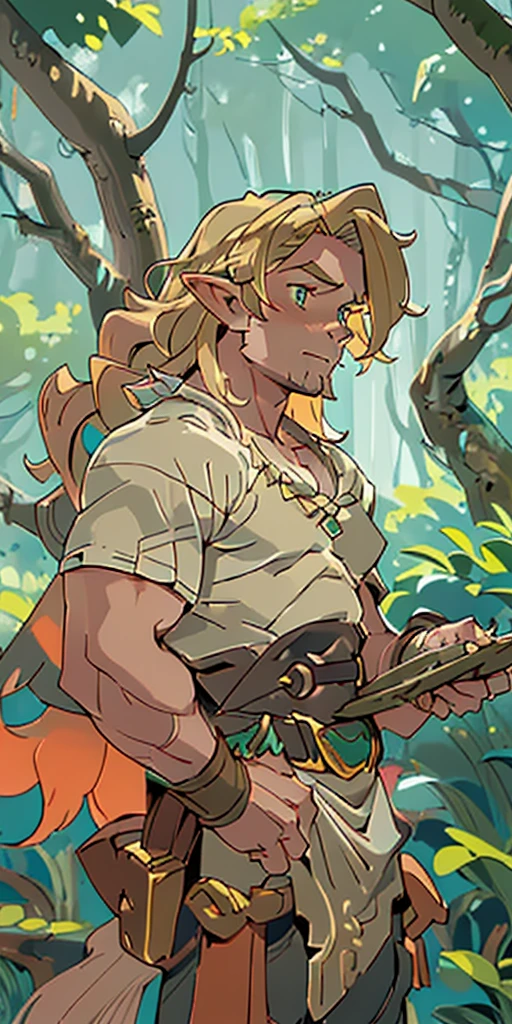 (masterpiece, best quality), 1muscled man, intricate details, blonde, leaf, wavy hair, looking at viewer, elf, upper body, forest, frills, mist, deer antlers,