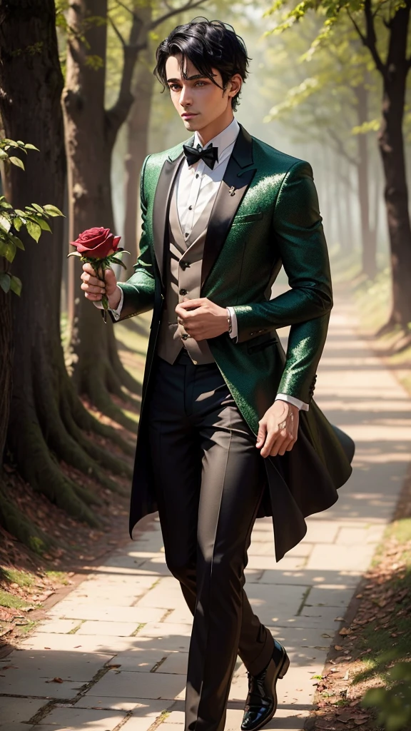 Forest, man with black short hair and green eyes holds a Rose while he is walking, glitter, he wears royal clothes