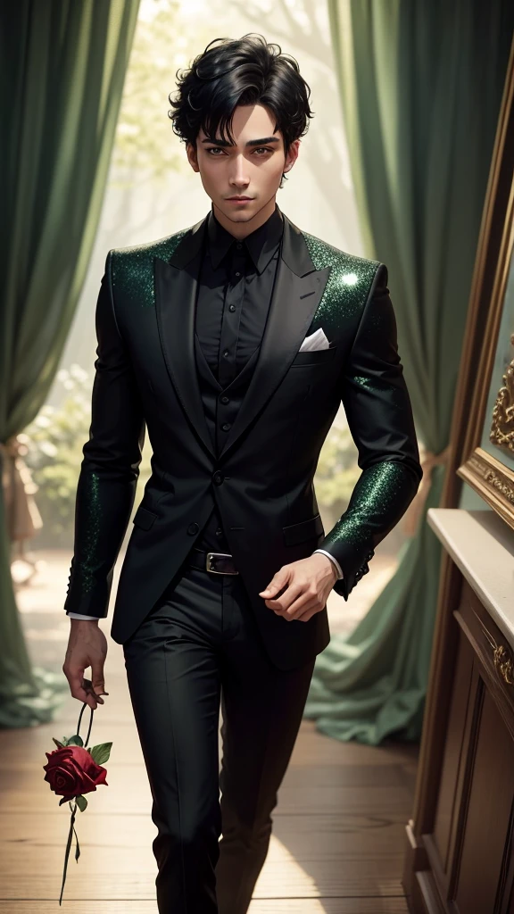 Forest, man with black short hair and green eyes holds a Rose while he is walking, glitter, he wears royal clothes
