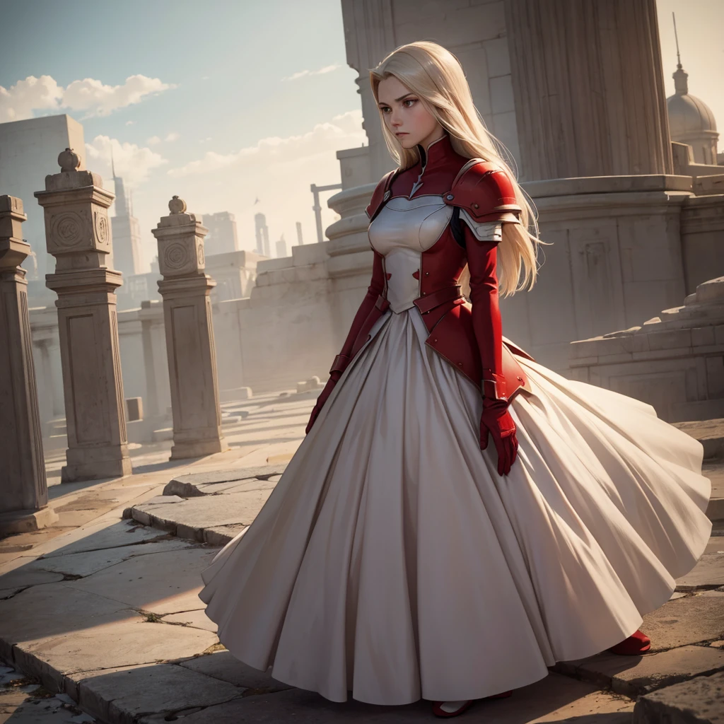 work of art, best qualityer, agrias, a one woman, standing alone, wearing red and white, widow&#39;s suit, standing, hair blonde, leg high, mid curly hair , muscular , face detailed, muscular face detailed, Age 22,Super heroi, large breasted, blue colored eyes, suit with zipper opening, decompressed
