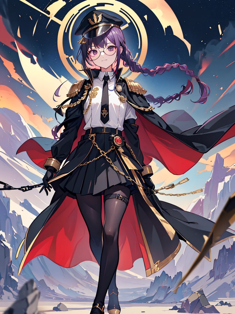 realisitic, City Deserted, Pile of rubble, Brick building, a one woman (18 years old, far away blackw hair, far away slits, Eyes red, glare eyes, 精致的面容, standing (In floor, feet shoulder-width apart), Lolita style military uniform (blackw base, Red Insert, golden decoration, volantes, wide sleeves, dainty and delicate detailing armors), blackw far away gloves (blackw, Red Insert, golden decoration, small hands, armors), blackw far away gloves, knee high boots (blackw, high-heels, red soles), ha (blackw, aba dourada, shield emblem, delicate details), arms in front, Front of belly, Holding military swords with both hands (blackw, golden decoration, delicate detail, Handle at the top, Ground-facing blade, in front of the body, far away), night sky (blackw, stele, Increased flames and smoke), Pale painting style, One Girl, super high quality, Super Detail, Super Detailed image, long hair, looking at viewer, skirt, shirt, hair ornament, violet eyes, gloves, round glasses, long sleeves, hat, closed mouth, jacket, violet hair, braid, open clothes, necktie, black gloves, black skirt, uniform, single braid, open jacket, black jacket, black headwear, 手链, peaked cap, black necktie, cropped jacket, military hat, pantyhose, Flat Chest, smile, Black Cape